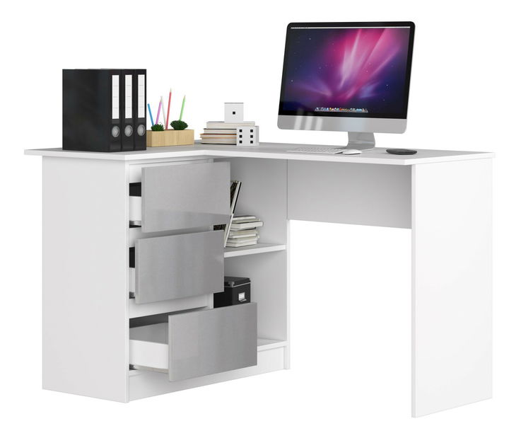 Rohový PC stolek Bodhi (bílá + metalický lesk) (L)
