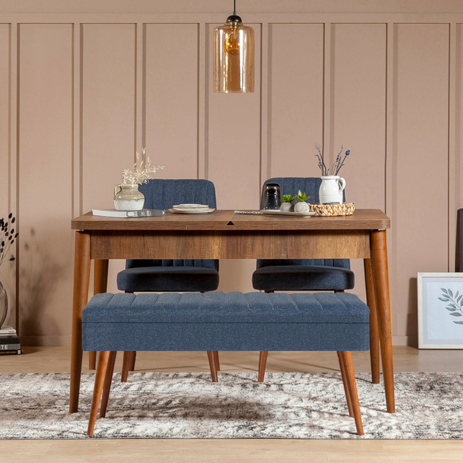 Jídelní set Vlasta 1 (ořech + tmavě modrá) (pro 4 osoby)