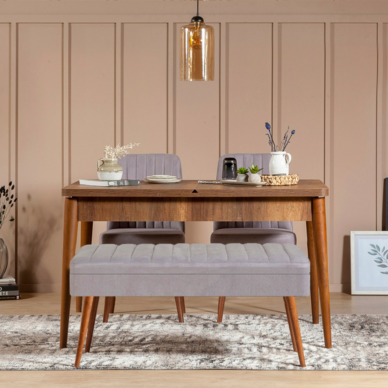 Jídelní set Vlasta 1 (ořech + šedá) (pro 4 osoby)