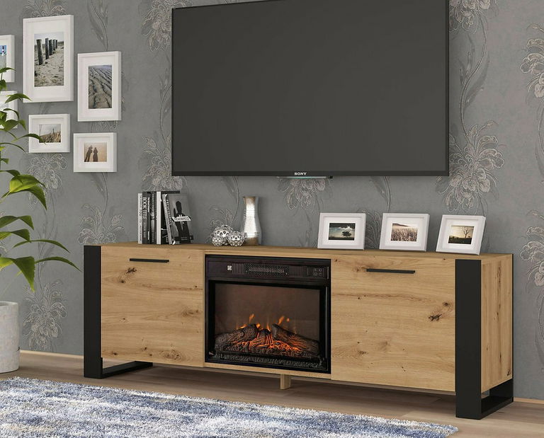 TV skříňka/stolek s krbem Nulakka (dub artisan + černá)