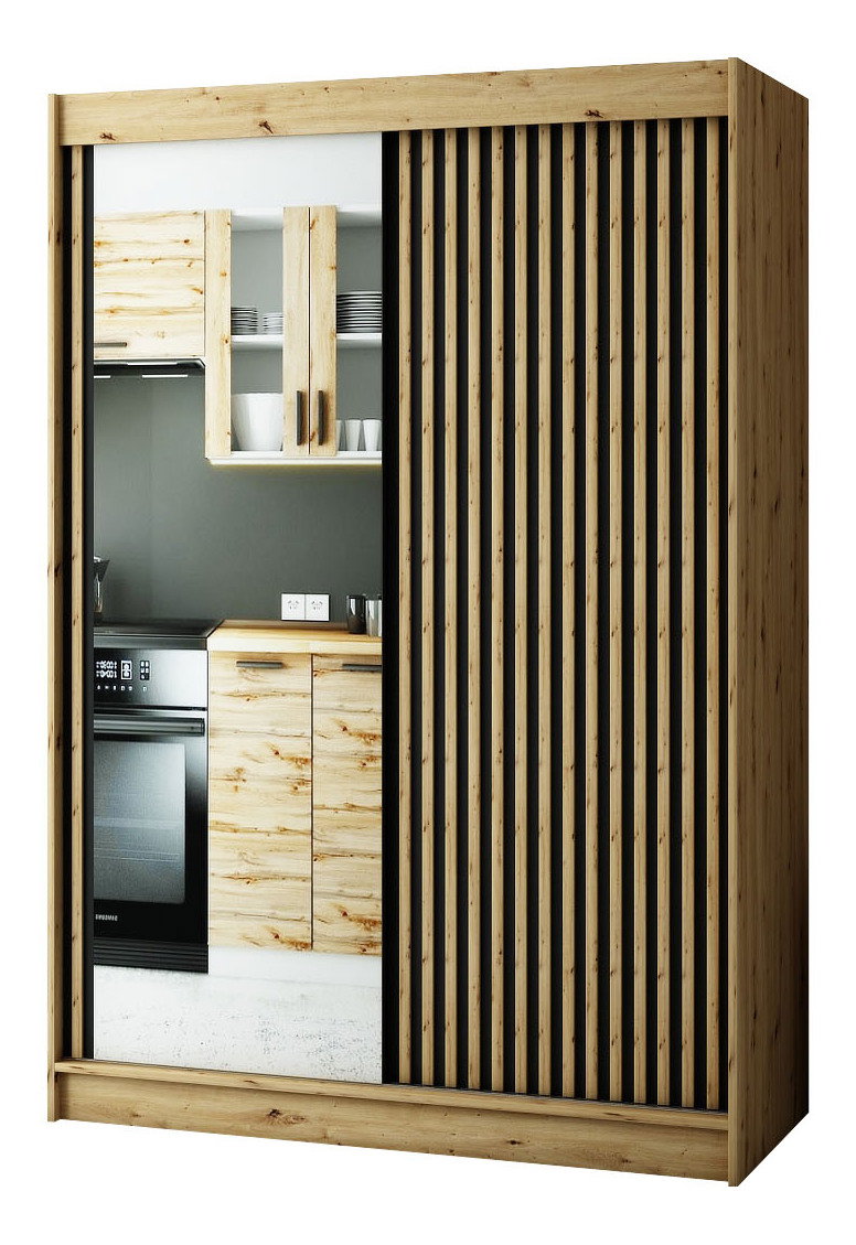 Šatní skříň 150 cm Ladonna 2 (dub artisan + černá matná) (se zrcadlem)