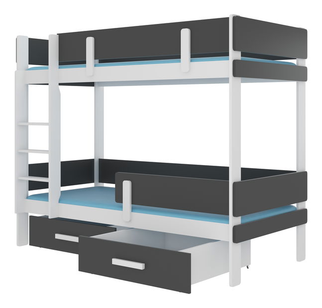 Patrová dětská postel 200x90 cm Ellen (s roštem a matrací) (bílá + antracit)
