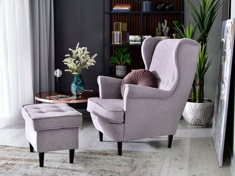 Křeslo ušák Margis (pudrová + ořech)