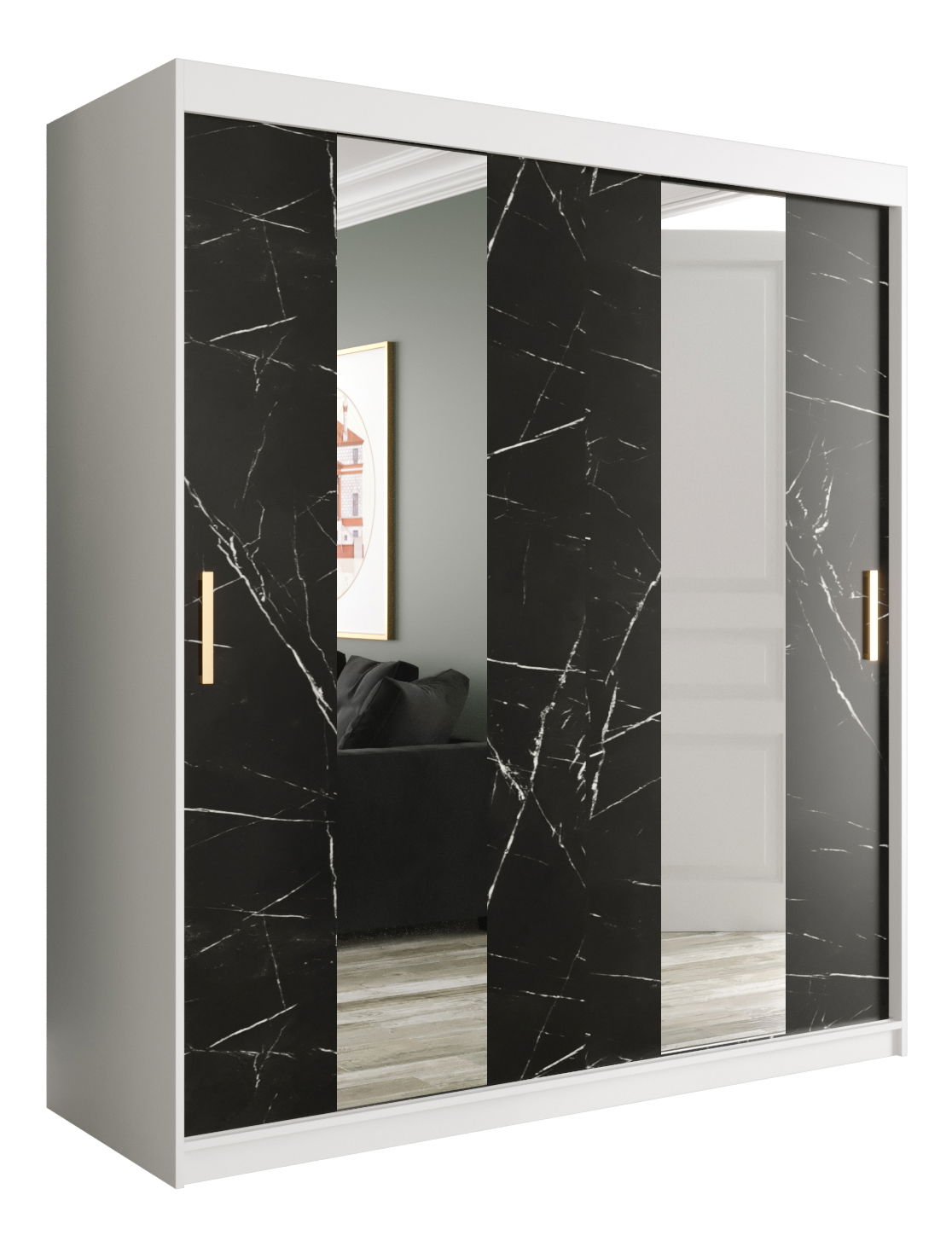 Šatní skříň 180 cm Marbelo P (matná bílá + černý mramor)