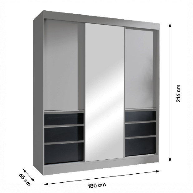 Šatní skříň 180 se zrcadlem Romunald (šedá + černá) *výprodej