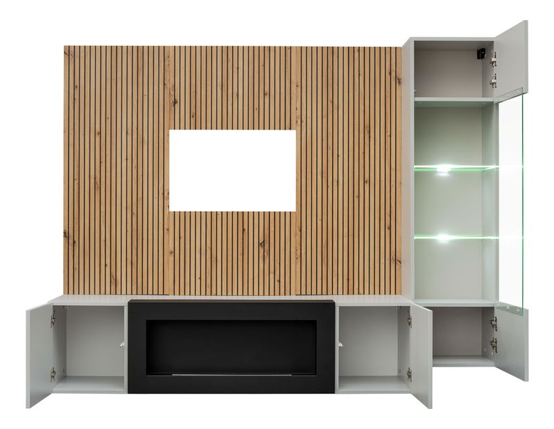 Obývací stěna Xavus L-K (perla grey + dub artisan) (s osvětlením) (s bio krbem)