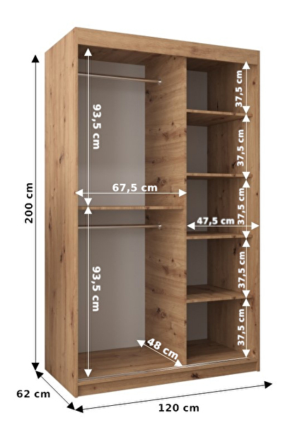 Šatní skříň 120 cm Toki 1 (Bílá matná + Dub artisan)