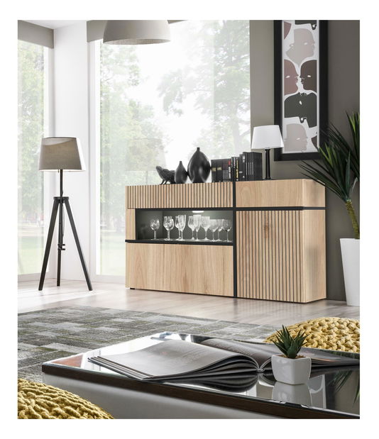 Komoda Carlyn (hikora jackson + černá) (s LED osvětlením)