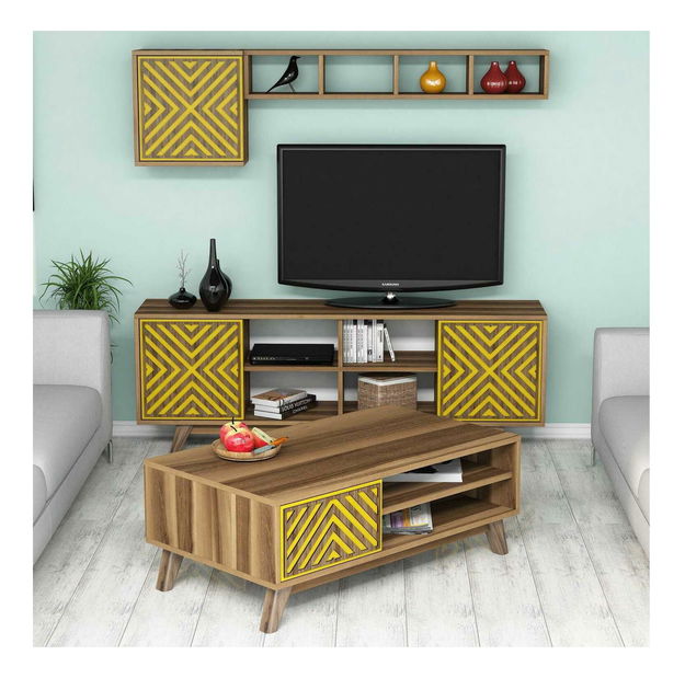 Sestava nábytku do obývacího pokoje Ivonne (ořech + žlutá)