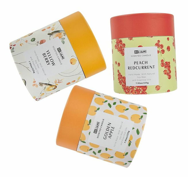 Sada 3 ks vonných svíček broskev a červený rybíz/žluté bobule/jablko Baldomero (žlutá)