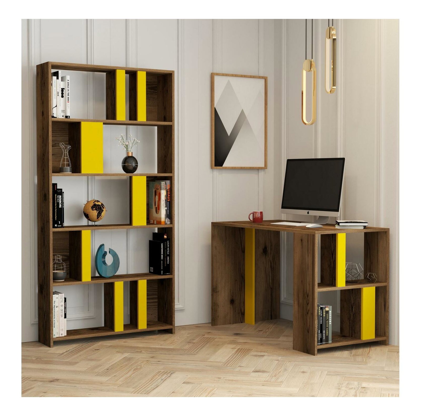 PC stolek s regálem Limba (ořech + žlutá)
