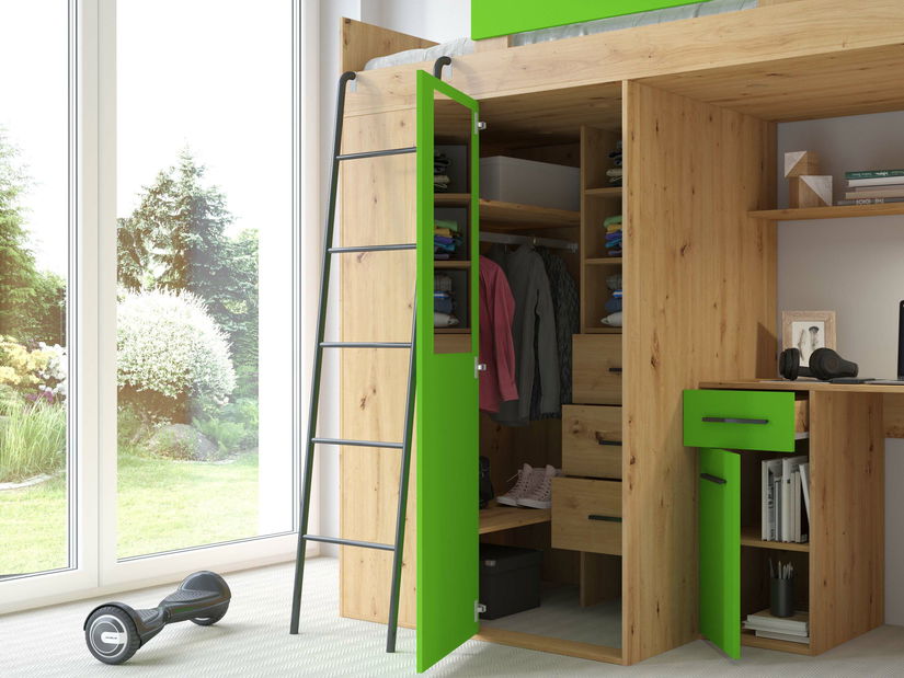 Patrová postel 90 cm Vivian (L) (s roštem) (dub artisan + zelená)