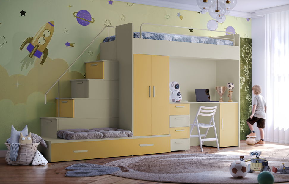 Dětská postel Ruby V (kašmír + žlutá) (s rošty)