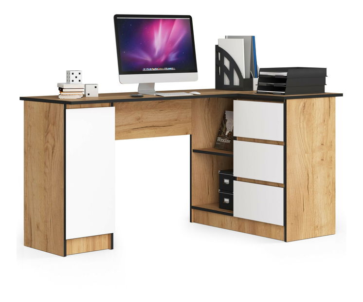 Rohový PC stůl Bienvenida (dub artisan + bílý) (P)