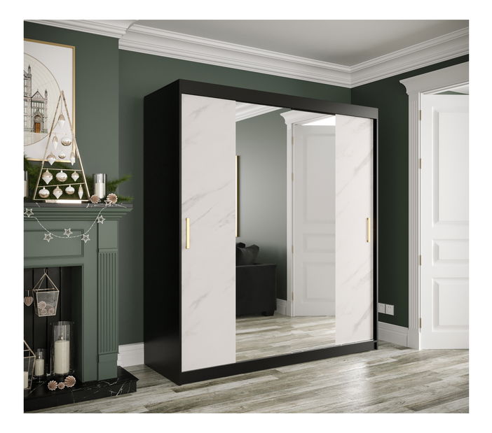 Šatní skříň 180 cm Marbelo T1 (matná černá + bílý mramor)