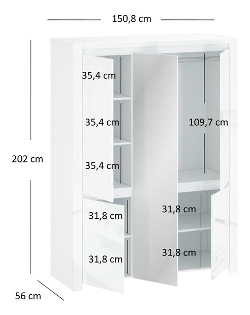 Šatní skříň Leona 5D (se zrcadlem) (bílá lesklá)