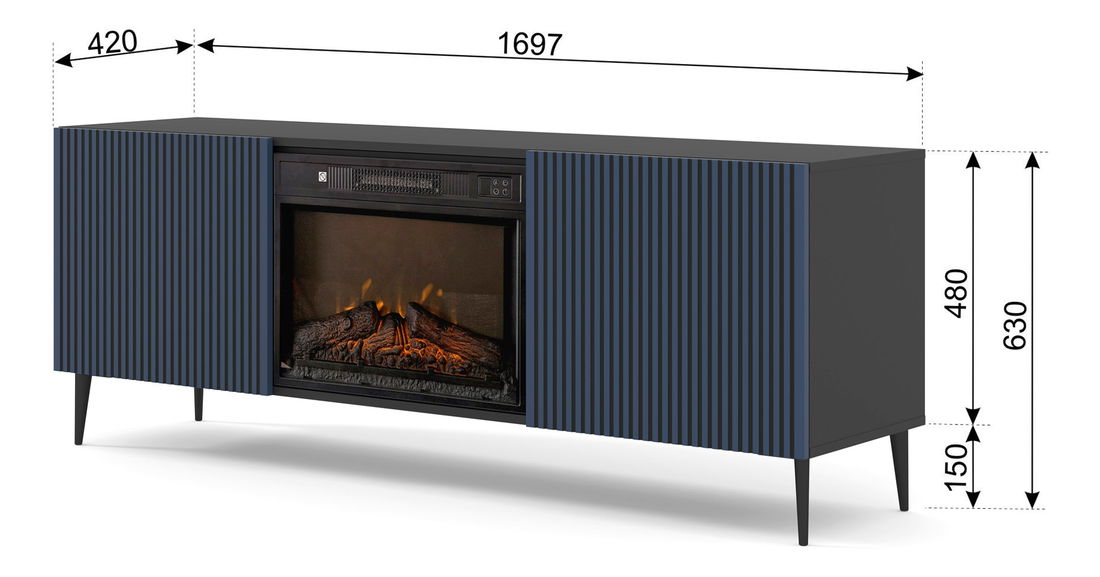 TV skříňka/stolek s elektrickým krbem FPB 2D 170 C Rowanna (černá + tmavě modrá)