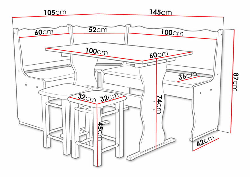 Rohová sedačka do kuchyně Meyana (olše) (peru 10) (se stolkem a taburetky)