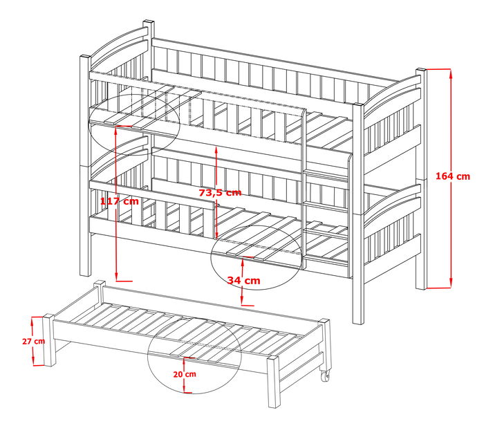 Dětská postel 90 cm ANNETT (s roštem a úl. prostorem) (borovice)