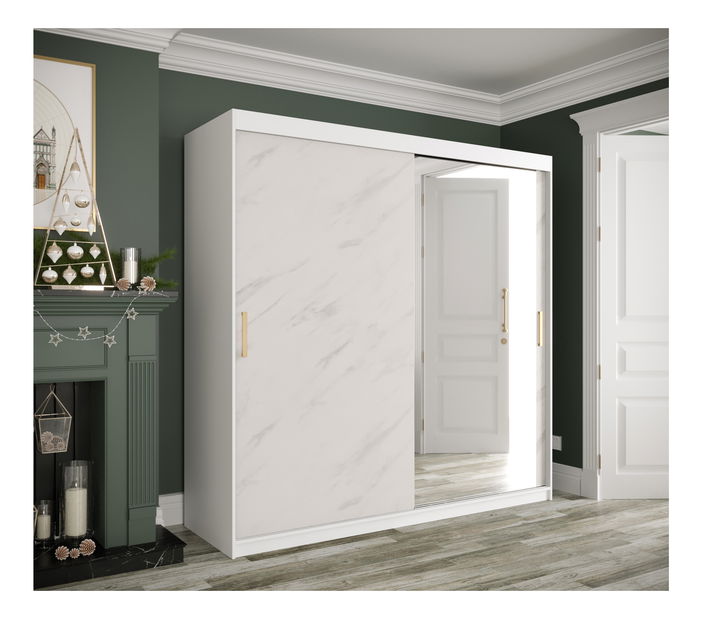 Šatní skříň 200 cm Marbelo T2 (matná bílá + bílý mramor)