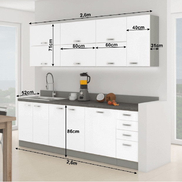 Kuchyně Primula 260 cm (šedá + extra vysoký lesk bílý)