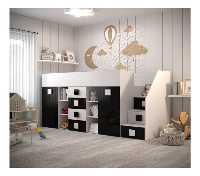 Dětská kombinovaná postel 90 cm Toreno 3 (bílá + bílý lesk + černý lesk) (P)