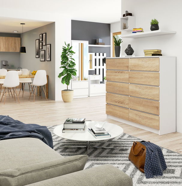 Komoda Keanu V (bílá + dub sonoma)