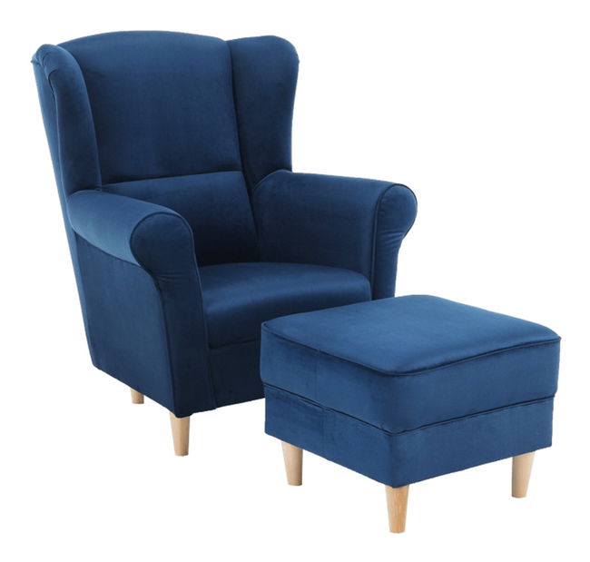 Křeslo ušák s taburetem Aevo (modrá)