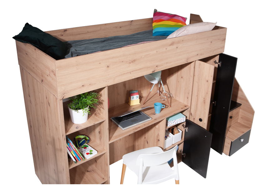 Dětská kombinovaná postel 90 cm Sami 14 (dub artisan + matná černá + bílá madla)