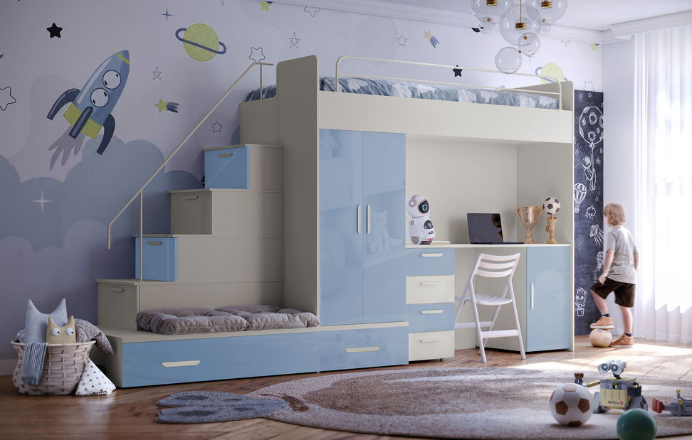 Dětská postel Ruby V (kašmír + lesk světle modrý) (s rošty)