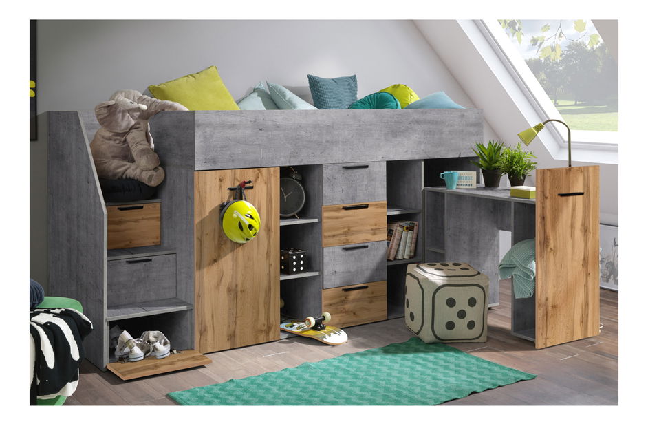 Dětská kombinovaná postel 90 cm Kesa 3 (beton + dub wotan) (L)