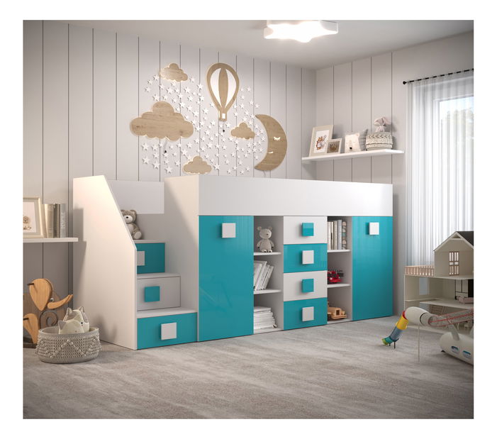 Dětská kombinovaná postel 90 cm Toreno 3 (bílá + bílý lesk + tyrkysový lesk) (L)