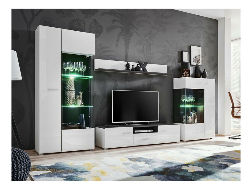 Obývací stěna Mirjan Garrett (bílá + lesk bílý + černá borovice)