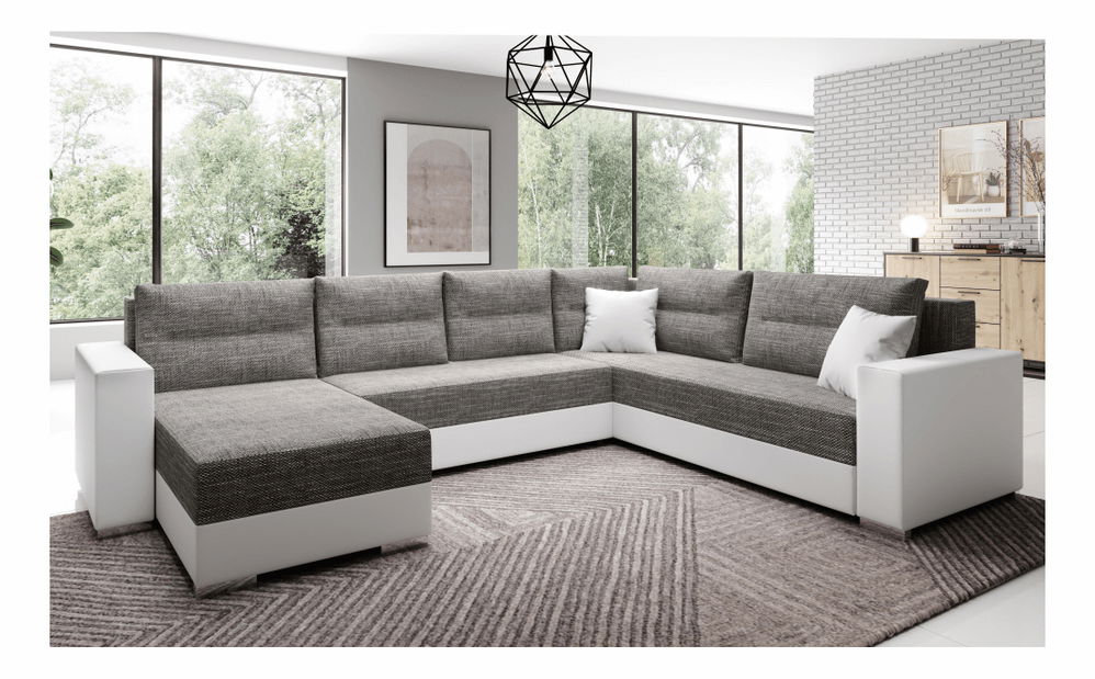 Rohová sedací souprava ve tvaru U Stalira (bílá + šedohnědá)
