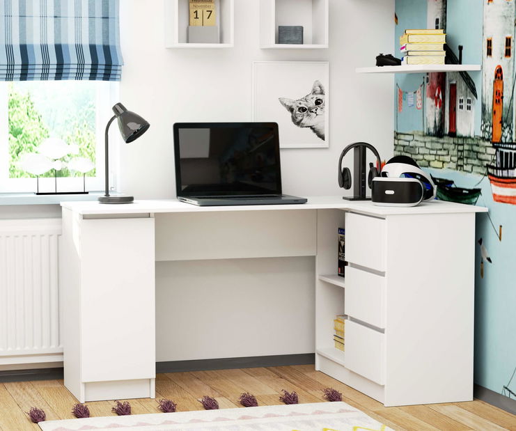 Rohový PC stolek Bevin (bílá) (P)