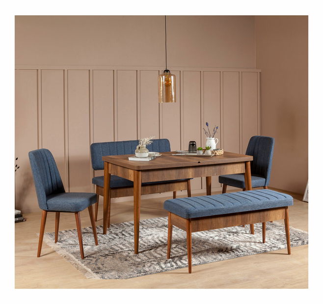 Rozkládací jídelní stůl se 2 židlemi a 2 lavicemi Vlasta (ořech + tmavě modrá)