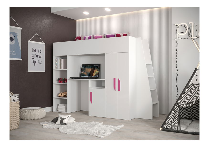 Dětská kombinovaná postel 90 cm Puro 15 (matná bílá + bílý lesk + růžové úchytky)