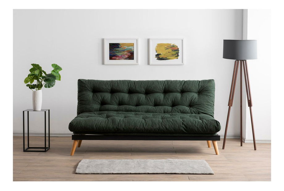 Rozkládací pohovka Sakotta (zelená + dřevo)