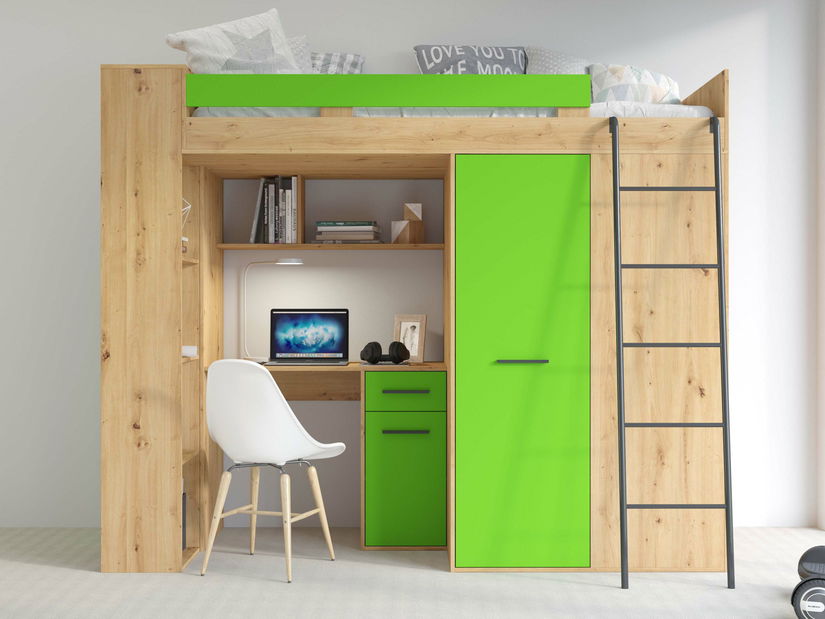 Patrová postel 90 cm Vivian (P) (s roštem) (dub artisan + zelená)