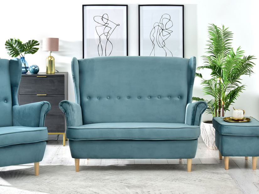 Pohovka dvousedačka ve tvaru ušák Muriera (modrá + ořech)