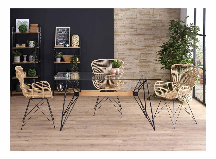 Jídelní stůl Alyse (přirodně dřevo + černá + sklo)