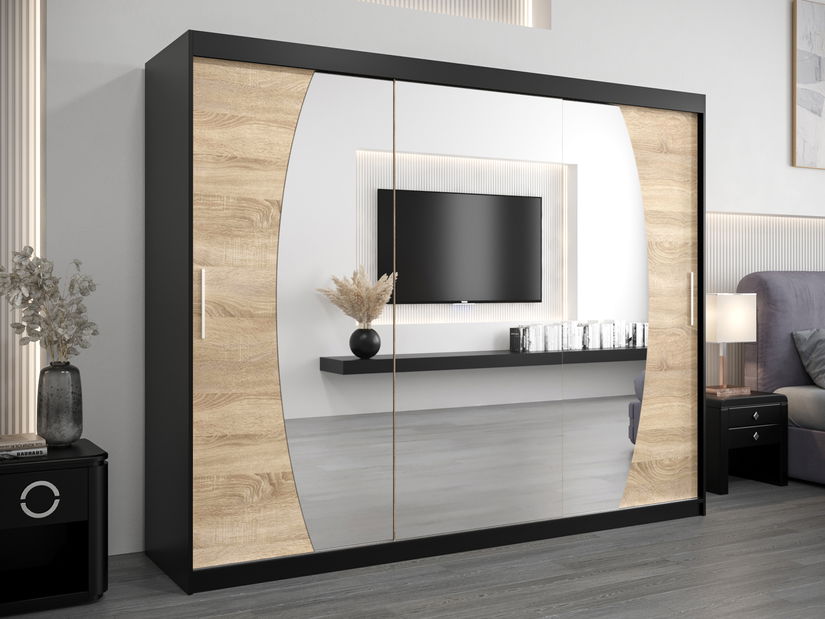 Šatní skříň 250 cm Eclipse (černá matná + dub sonoma)