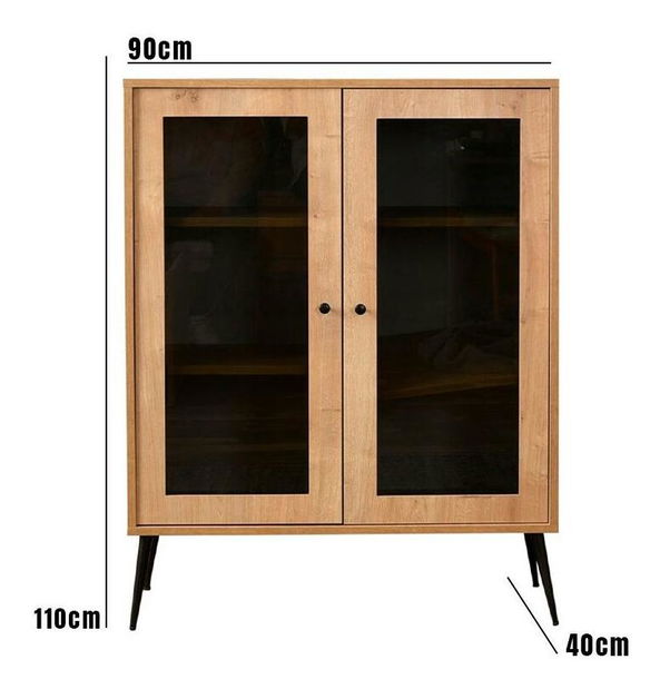 Vitrína Calvinetta (dub + černá + kouřové sklo)