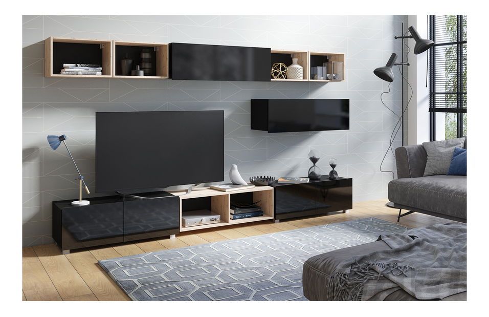 Obývací stěna Calabria C26 BLACK (černá + dub artisan) (bez osvětlení)