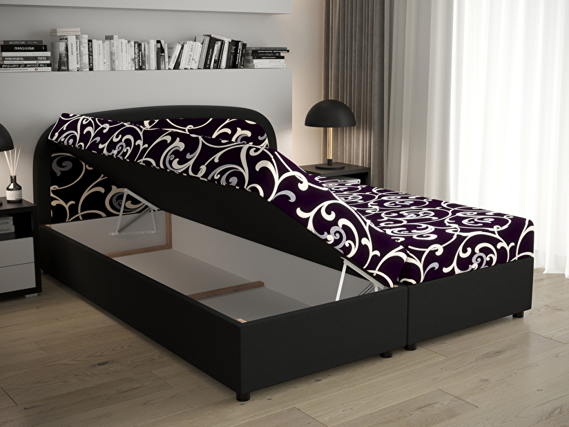 Manželská postel Boxspring 140 cm Brick Comfort (černá + vzor květ) (s matrací a úložným prostorem)