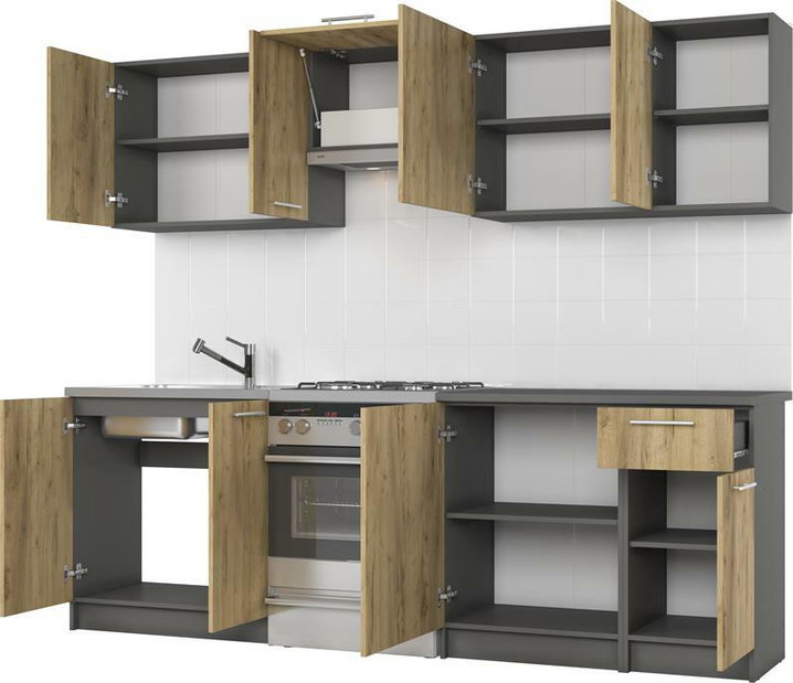 Kuchyně 240 cm Danna (tmavé dřevo + šedá)