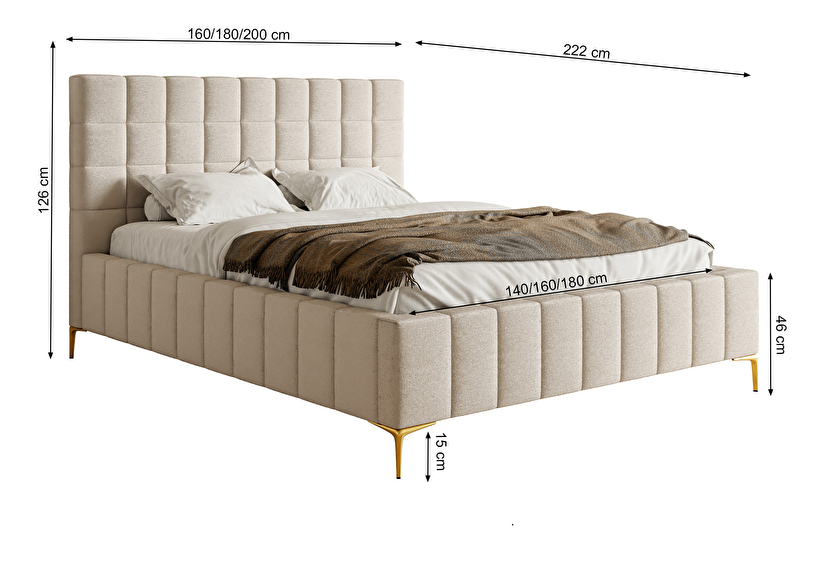 Manželská postel 160 cm Sheldona 160 (s roštem) (s úl. prostorem) (olivová + zlatá)