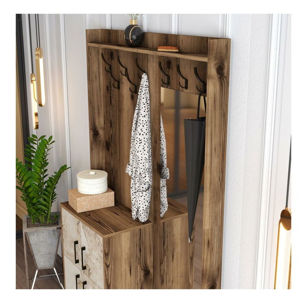 Předsíňová stěna Betina BC (bílá + ořech) (se zrcadlem)