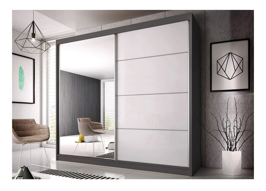 Šatní skříň Mebur 35 230 (grafit + zrcátko + lesk bílý)