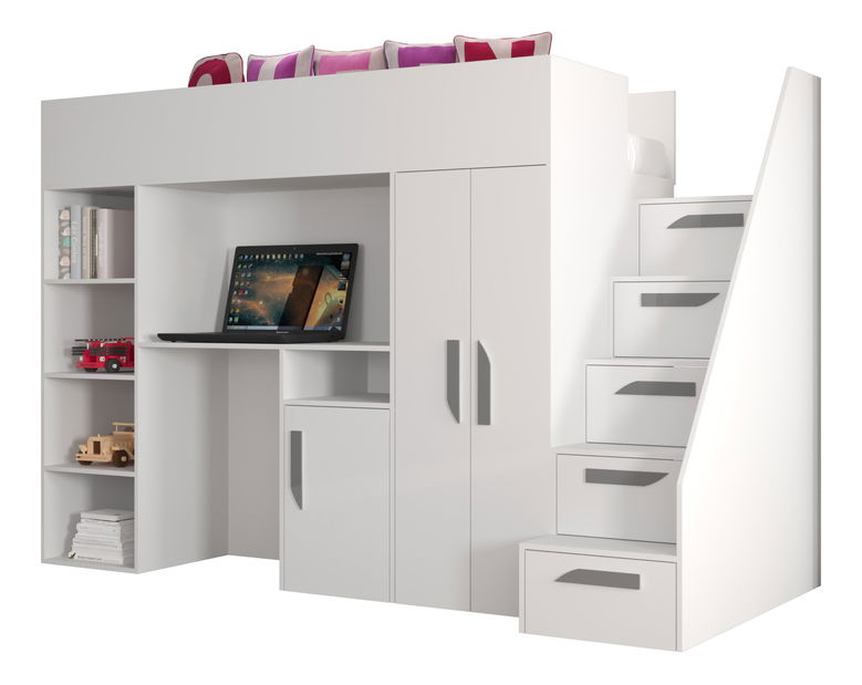 Dětská kombinovaná postel 90 cm Puro 14 (matná bílá + bílý lesk + šedé úchytky)